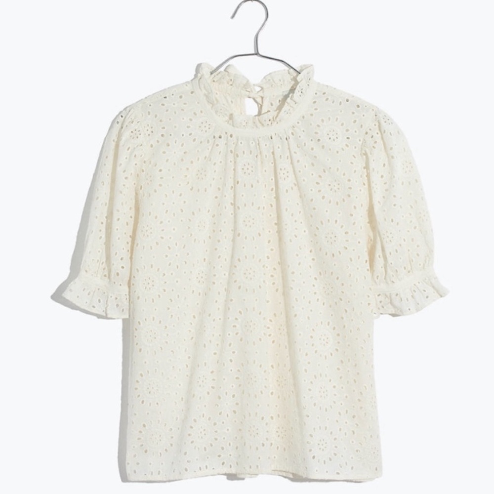 Madewell Cotton Eyelet Top with Puff Sleeves and Ruffle Neck